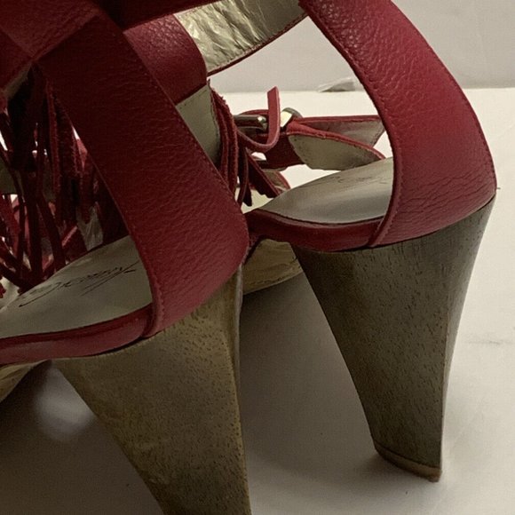 Kenneth Cole Pink Fuchsia Leather Fringe Wood Heels Sandals Sz 8M Ankle Straps - Picture 3 of 9
